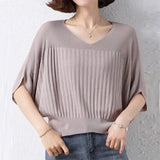 Fashion Ladies Casual Bat Sleeve Ice Silk Knitted T-shirt Oversized V-neck Loose Pullover Top Women Elegant Simple Tees-Outfit