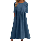 Cotton-Sleeved Short-Sleeved Pocket Folded Loose Round-Neck Dress In Summer
