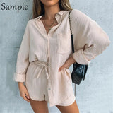 Tracksuit Women 2020 Casual Lounge Wear Shorts Set Long Sleeve Blouse Tops And High Waisted Mini Shorts Two Piece