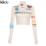 Kliou high quality fashion print bodycon soft tees crop top spring new long-sleeve casual elastic harajuku streetwear