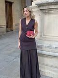 Women's 2025 Summer New V-Neck Gold Button Knitted Vest + Folding Skirt