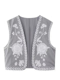 Floral Embroidered Women's Short Waistcoat Chic V Neck Sleeveless Cropped Cardigan 2024 Summer Female Party Fashion Tops-Outfit