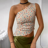 Vintage Chinese Style Print Crop Top Asymmetric Slim Fit One Shoulder Vests E-girl Aesthetic Fashion Women Summer Tank