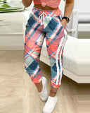 Women Fashion Casual Pants Trousers Colorblock Plaid print Cargo Pants Autumn Fashion Pocket Design Drawstring Casual