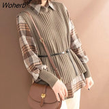 Plaid Shirts And Knitted Vests 2 Piece Sets Tops Women Fall Long Sleeve Shirts+solid Sweater Waistcoats Suits With Belts-Outfit