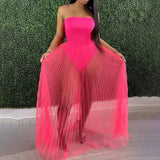 Fashion Women Mesh Maxi Dress Robes Beachwear Off Shoulder Leaf Print Tube See-through Pleated Long Party Club