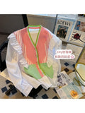 New Fashion Rainbow Striped Stitching Knitted Sweater Korean Style V-Neck Ruffled Long Sleeved Casual Outer Women Clothes-Outfit