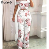 2 Piece Set Women Fashio Print Slash Neck Short-sleeved Top High-waisted Wide-leg Pants Suit Women 2 Piece Suit-Outfit