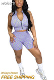 Print Short Tracksuit Women Sexy Zipper Sleeveless Crop Top + Shorts Skinny Sport Two Piece Set Summer Streetwear Y2K Set-Outfit
