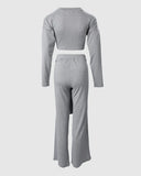 Women 2pcs Clothes Suit Solid Color Casual Long Sleeve Crop Top & Tied Detail Loose Wide Leg Pant Set-Outfit