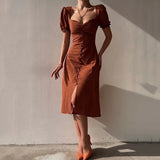 Elegant Square Collar With Button Summer Midi Dresses For Women 2023 Vintage Short Sleeve Slim Sexy Party Dress Vestidos-Outfit