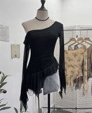 Tie Net Yarn Oblique Shoulder Babes Sexy Body-On-Sleeve Horn Irregular Top