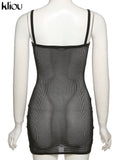 Kliou Grid Farbic Mini Dress Womer Summer Sexy Camis Bodycon Robe Solid Slim Party Club Attirewear Girl Go Out Charming