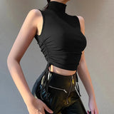 Women Tank Top Knitted Drawstring Crop Top Solid Casual Sleeveless Summer Frill Vintage Streetwear 2021 Fashion