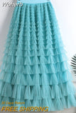 Autumn Korean Style Mesh Puffy Cake Long Skirt Elegant Vintage Elastic Waist High Waist Ball Gown Gauze Tulle Skirt QT1989-Outfit