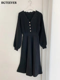 Elegant Women Single-breasted Sweater Dress 2020 Winter Warm Slim Waist Female Knitted Dress A-line Vestidos femme-Outfit