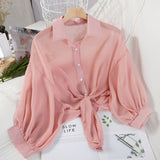 2021 Summer Half Sleeve Buttoned Up Shirt Loose Casual Blouse Chiffon Shirts Women Tied Waist Elegant Blouses for