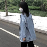 Woherb 2024 New Korean Version Of Denim Jacket Women's Loose Ins Versatile Medium Long Long Sleeve Student Jacket-Outfit