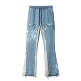 Block Painted Streetwear Drawstring Jeans Men Frayed Side Ribbon Loose Casual Denim Trousers Hip Hop Harajuku Couple