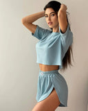 Women's Spring Summer Fashion Short Collar T-Shirt Blouse Shorts Two Sets Of