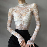 Solid Color Temperament Sunscreen Lace Lace Perspective Long-Sleeved Half-Neck T-Shirt Top