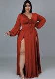 Romantic V-neck Full Sleeves Solid Slit Maxi Plus Size Long