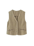 2023 Women Summer Vests Coats Vintage Solid V-Neck Single Breasted Linen Female Elegant Street Waistcoat Vest Clothing-Outfit