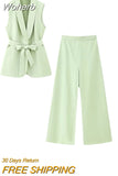 2023 Women Summer 2-Pieces Sets Casual Solid Vests Coats and Wide Leg Pants Female ELegant Street Two Suits Clothing-Outfit