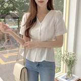 Short Chic Tops Summer Puff Sleeve Slim Waist Peplum Lace-Up Bow Tie Ruffled Shirt Blouse Women Top Korean Japan Flhjlwoc