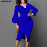 Bodycon Midi Dress African Dresses for Women 2023 Daily Elegant High Waist Bandage Puff Sleeve Robe Femme African Clothes-Outfit