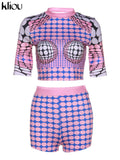 Kliou Aesthetic Polka Dots Print Two Piece Set Women Casual O-neck Half Sleeve Slim Fit Tops+Fashion Streetwear Hipster
