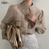 New Stylish Transparent Pleated White Shirts Women Turn-down Collar Single-breasted Loose Female Blouse Tops Blusas