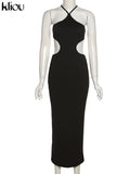 Kliou Ribbed Lace up Maxi Dress Women Sexy Solid Sleeveless Backless Body-Shaping Cut Out Skirt Party Clubwear Female