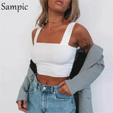 Square Collar White Black Summer Casual Women Crop Tops Short Vest Club Outfits Strap Off Shoulder Tank Tops Camis
