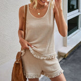 Beach Two Piece Set Women tassel Tracksuit Loungewear Casual Sleeveless Tops + Slim Shorts Suit Elegant Woman Set