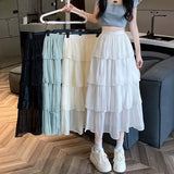 Women 4 Layered Fairy Silk Cake Skirt Casual High Waist Mid-length Solid Color Long Tulle Skirt For Spring Summer QT2043-Outfit