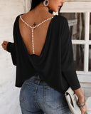 Women Elegant Fashion Casual Long Sleeve Blouse Beaded Backless Sexy