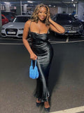 Sexy Spaghetti Strap Backless Satin Dress Women Y2K Blue Lace Up Trumpet Long Dress Elegant Bodycon Party Dresses