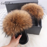 ANERSON Real Fox Raccoon Fur Slippers for Women Fur Slides Flip Flops Beach Plush Fluffy Furry Designer Slippers