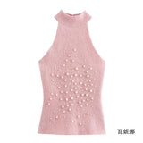 Women's Temperament Sleeveless Hanging Neck Knitted Shirt Artificial Jewelry