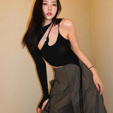 Women Summer 2022 Halter Top Black Y2K Long Sleeve Fashion Street Wear Casual Bodycon Hollow Out T-Shirts-Outfit
