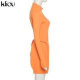 Kliou Knitted Stitching Mini Dress Women Hipster Skinny Three-Dimensional Decoration Bodycon Long Sleeve Turtleneck