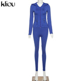 Kliou autumn new women hooded zipper pocket long sleeve tops sporty leggings matching set workout bodycon casual stretchy