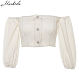 New Womens Fashion Button Up Off Shoulder Tank Top Half Sleeve Summer Casual Solid Color Knitting Cropped Tops Hot