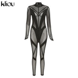 Kliou Mesh Patchwork Jumpsuit Women Mock Neck Full Sleeve Geometric One Piece Playsuit Sexy Midnight Overall Party