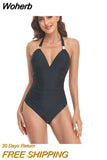 New One Piece Swimsuit Women Solid V Neck Swimwear Female Halter Monokini Bodysuit Backless Swim Beachwear Bathing Suit-Outfit
