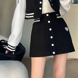 Women Suit Crop Baseball Jacket + Skirt 2 Pieces Set Button Up Black Spring/Autumn 2022 Hip Hop Sexy Skirts Coats Woman