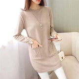 Sping Winter Women Black Sweaters Casual Solid O-Neck Long Sleeve Knit Sweaters Loose Pockets Mid Length Pullover Female