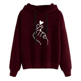 Hoodies Casual Kpop Finger Heart Love Pattern Hooded Sweatshirts Fashion Drawstring Long Sleeve Female Pullovers Plus