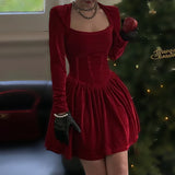 Velvet Square Corset A Line Women Formal Dress Bodycon Long Sleeve New Year Elegant Autumn Party Sexy Lady Mini Dress-Outfit